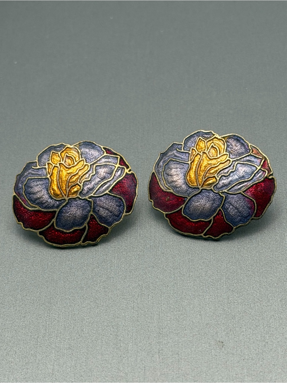 Floral Cloisonné Enamel Clip-On Earrings in Deep Red, Purple & Gold